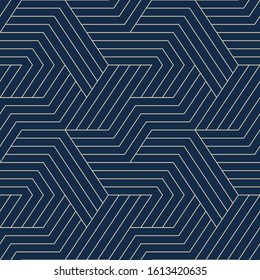Seamless pattern with symmetric geometric lines on the navy blue background.