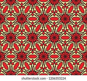 Seamless pattern with symmetric geometric ornament. Ornamental mosaic texture. Kaleidoscope abstract background. Vector illustration