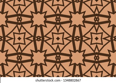 Seamless pattern with symmetric geometric ornament. Ornamental mosaic texture. Kaleidoscope abstract background. Brown pattern, brown image    Ethnic Arabic, Indian, Turkish ornament . 