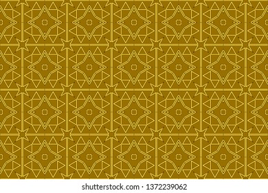 Seamless pattern with symmetric geometric ornament. Ornamental mosaic texture. Kaleidoscope abstract background abstract golden classic pattern. Metal mosaic on a colored background. 