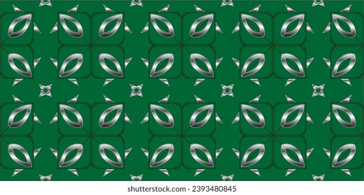 Seamless pattern with symmetric geometric ornament. . For your design, Wallpaper, presentation, banner, page cover. Illustration made with texture.silver pattern on green background 