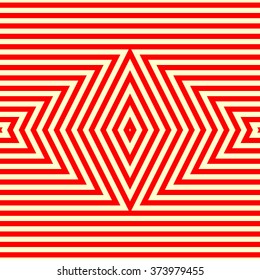 Seamless pattern with symmetric geometric ornament. Striped red white abstract background. Vector illustration