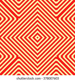 Seamless pattern with symmetric geometric ornament. Striped red white abstract background. Vector illustration