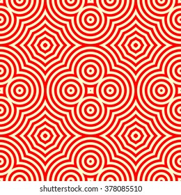 Seamless pattern with symmetric geometric ornament. Striped red white abstract background. Vector illustration