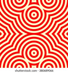 Seamless pattern with symmetric geometric ornament. Striped red white abstract background. Vector illustration