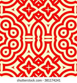 Seamless pattern with symmetric geometric ornament. Ornamental mosaic texture. Kaleidoscope abstract background. Vector illustration