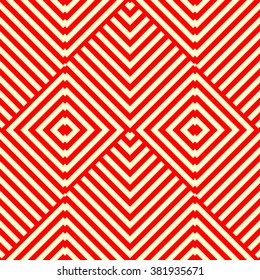 Seamless pattern with symmetric geometric ornament. Striped red white abstract background. Kaleidoscope abstract repeated square wallpaper. Vector illustration