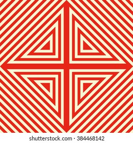 Seamless pattern with symmetric geometric ornament. Striped red white abstract background. Abstract repeated triangles wallpaper. Vector illustration