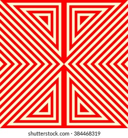 Seamless pattern with symmetric geometric ornament. Striped red white abstract background. Abstract repeated triangles wallpaper. Vector illustration