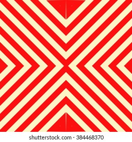 Seamless pattern with symmetric geometric ornament. Striped red white abstract background. Abstract repeated triangles wallpaper. Vector illustration