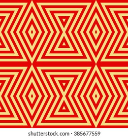Seamless pattern with symmetric geometric ornament. Striped red yellow abstract background. Abstract repeated triangles wallpaper. Vector illustration