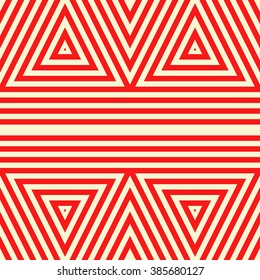 Seamless pattern with symmetric geometric ornament. Striped red white abstract background. Abstract repeated triangles wallpaper. Vector illustration