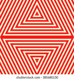 Seamless pattern with symmetric geometric ornament. Striped red white abstract background. Abstract repeated triangles wallpaper. Vector illustration