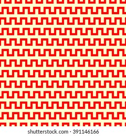 Seamless pattern with symmetric geometric ornament. Zigzag striped red white abstract background. Curved lines abstract repeated wallpaper. Vector illustration