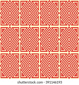 Seamless pattern with symmetric geometric ornament. Ethnic ornamental texture. Ikat abstract background. Vector illustration.