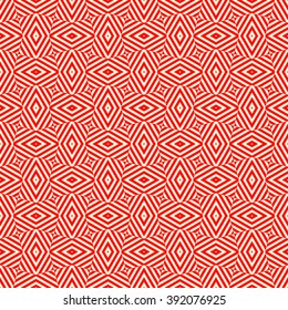 Seamless pattern with symmetric geometric ornament. Striped red white abstract background. Abstract repeated rhombus wallpaper. Vector illustration