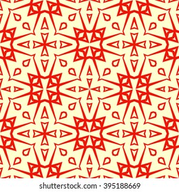 Seamless pattern with symmetric geometric ornament. Polygons red white abstract background. Geometrical figures abstract. Abstract repeated wallpaper. Vector illustration
