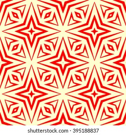 Seamless pattern with symmetric geometric ornament. Polygons red white abstract background. Geometrical figures abstract. Abstract repeated wallpaper. Vector illustration