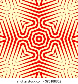 Seamless pattern with symmetric geometric ornament. Polygons red white abstract background. Geometrical figures abstract. Abstract repeated wallpaper. Vector illustration
