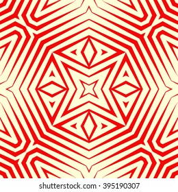 Seamless pattern with symmetric geometric ornament. Polygons red white abstract background. Geometrical figures abstract. Abstract repeated wallpaper. Vector illustration