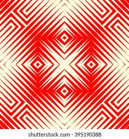 Seamless pattern with symmetric geometric ornament. Polygons red white abstract background. Geometrical figures abstract. Abstract repeated wallpaper. Vector illustration