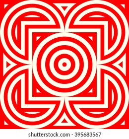 Seamless pattern with symmetric geometric ornament. Kaleidoscope red white abstract background. Vector illustration