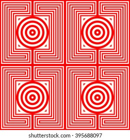 Seamless pattern with symmetric geometric ornament. Kaleidoscope red white abstract background. Vector illustration