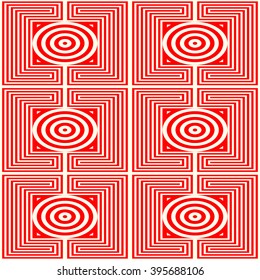 Seamless pattern with symmetric geometric ornament. Kaleidoscope red white abstract background. Vector illustration