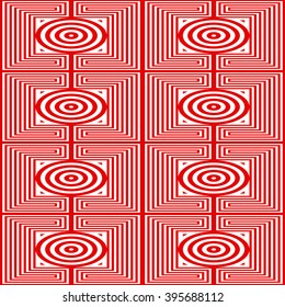 Seamless pattern with symmetric geometric ornament. Kaleidoscope red white abstract background. Vector illustration