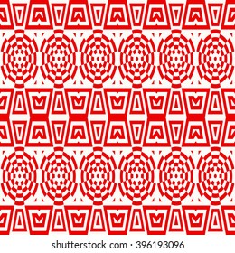 Seamless pattern with symmetric geometric ornament. Striped red white abstract background. Abstract repeated geometrical figures wallpaper. Vector illustration