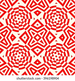 Seamless pattern with symmetric geometric ornament. Striped red white abstract background. Abstract repeated geometrical figures wallpaper. Vector illustration