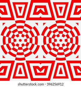 Seamless pattern with symmetric geometric ornament. Striped red white abstract background. Abstract repeated geometrical figures wallpaper. Vector illustration