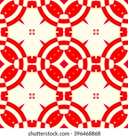 Seamless pattern with symmetric geometric ornament. Striped red white abstract background. Abstract repeated geometrical figures wallpaper. Vector illustration