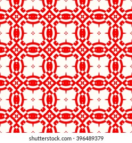 Seamless pattern with symmetric geometric ornament. Striped red white abstract background. Abstract repeated geometrical figures wallpaper. Vector illustration