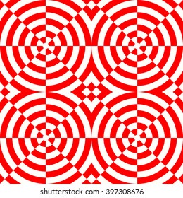 Seamless pattern with symmetric geometric ornament. Striped red white abstract background. Abstract repeated geometrical figures wallpaper. Vector illustration
