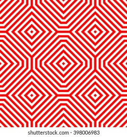 Seamless pattern with symmetric geometric ornament. Striped red white abstract background. Abstract repeated wallpaper. Vector illustration
