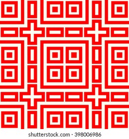 Seamless pattern with symmetric geometric ornament. Striped red white abstract background. Abstract repeated wallpaper. Vector illustration
