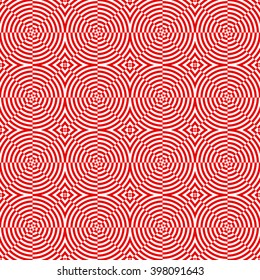 Seamless pattern with symmetric geometric ornament. Striped red white abstract background. Abstract repeated geometrical figures wallpaper. Vector illustration
