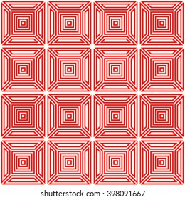 Seamless pattern with symmetric geometric ornament. Striped red white abstract background. Abstract repeated geometrical figures wallpaper. Vector illustration