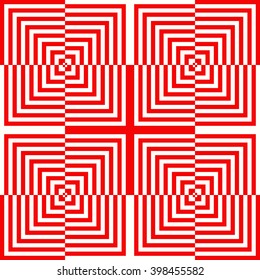 Seamless pattern with symmetric geometric ornament. Striped red white abstract background. Abstract repeated wallpaper. Vector illustration