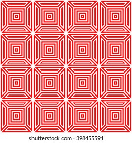 Seamless pattern with symmetric geometric ornament. Striped red white abstract background. Abstract repeated wallpaper. Vector illustration