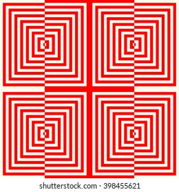 Seamless pattern with symmetric geometric ornament. Striped red white abstract background. Abstract repeated wallpaper. Vector illustration
