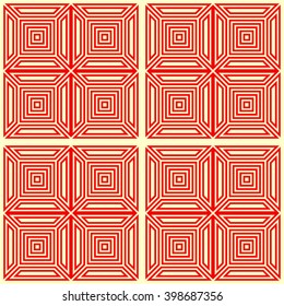 Seamless pattern with symmetric geometric ornament. Striped red white abstract background. Abstract repeated wallpaper. Vector illustration