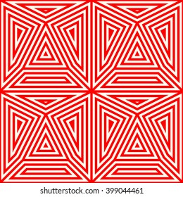 Seamless pattern with symmetric geometric ornament. Striped red white abstract background. Abstract repeated triangles wallpaper. Vector illustration