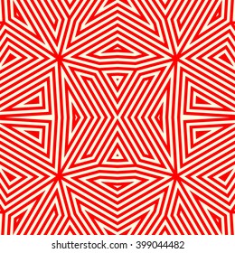 Seamless pattern with symmetric geometric ornament. Striped red white abstract background. Abstract repeated triangles wallpaper. Vector illustration