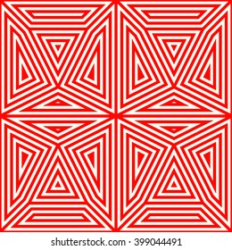 Seamless pattern with symmetric geometric ornament. Striped red white abstract background. Abstract repeated triangles wallpaper. Vector illustration