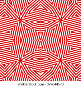 Seamless pattern with symmetric geometric ornament. Striped red white abstract background. Abstract repeated triangles wallpaper. Vector illustration