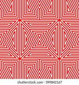 Seamless pattern with symmetric geometric ornament. Striped red white abstract background. Abstract repeated triangles wallpaper. Vector illustration