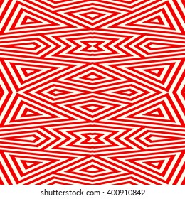 Seamless pattern with symmetric geometric ornament. Striped red white abstract background. Abstract repeated triangles wallpaper. Vector illustration