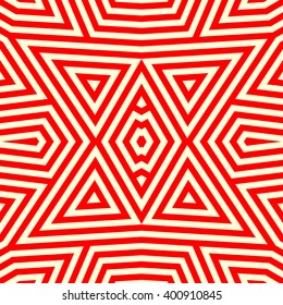 Seamless pattern with symmetric geometric ornament. Striped red white abstract background. Abstract repeated triangles wallpaper. Vector illustration